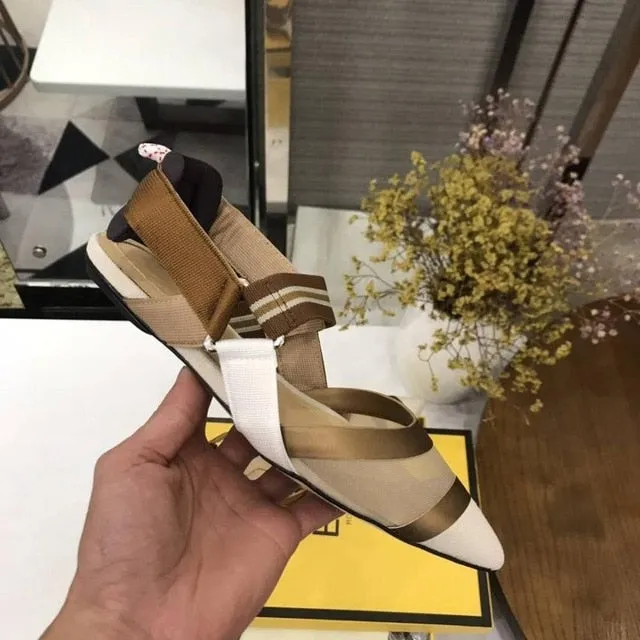 Nude Flat Shoes Women Brand Design Sandals Med Heels 5 cm Mesh Woman Cozy Pumps Lady Pointed Toe Slingbacks