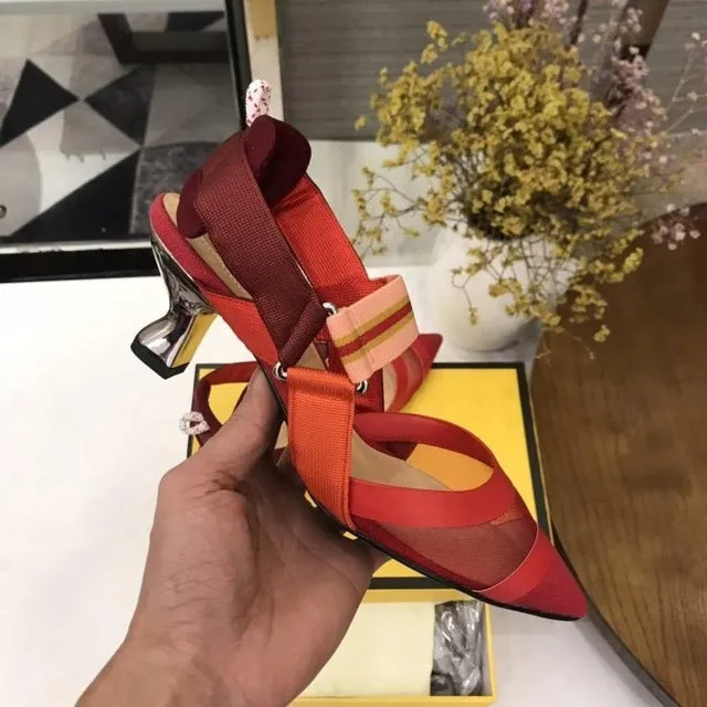 Nude Flat Shoes Women Brand Design Sandals Med Heels 5 cm Mesh Woman Cozy Pumps Lady Pointed Toe Slingbacks