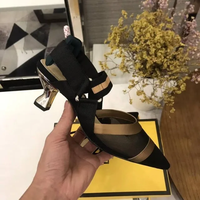 Nude Flat Shoes Women Brand Design Sandals Med Heels 5 cm Mesh Woman Cozy Pumps Lady Pointed Toe Slingbacks