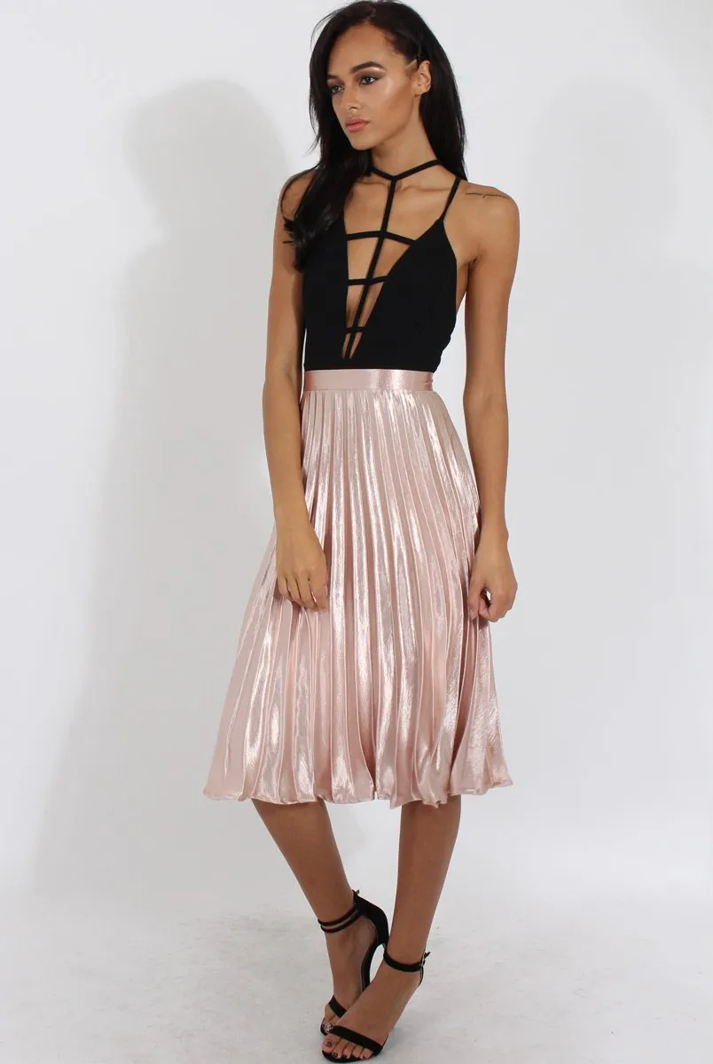 Nude Metallic Pleated Midi Skirt - Vera