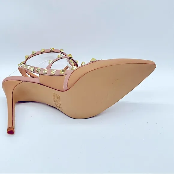 NWOT Vocosi Gold Rockstud Slingback Strappy Dress Heels Nude Pink Trim‎ S…