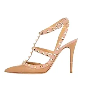 NWOT Vocosi Gold Rockstud Slingback Strappy Dress Heels Nude Pink Trim‎ S…