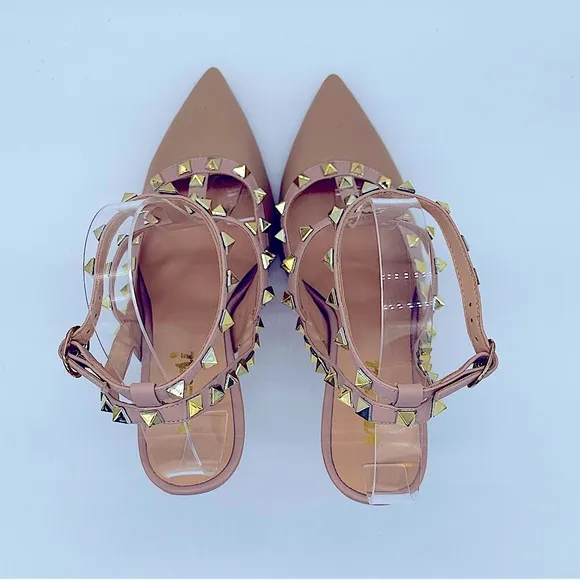 NWOT Vocosi Gold Rockstud Slingback Strappy Dress Heels Nude Pink Trim‎ S…