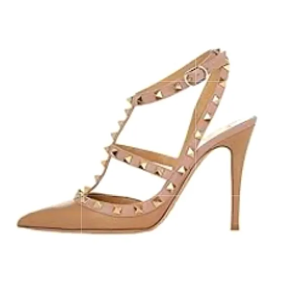 NWOT Vocosi Gold Rockstud Slingback Strappy Dress Heels Nude Pink Trim‎ S…
