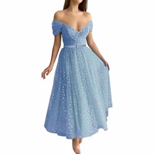 Off Shoulder Tulle Homecomng Dress Tea Length Formal Dress Party Gowns with Belt