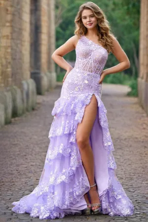 One Shoulder Lilac Sleeveless Long Prom Dress with High Slit