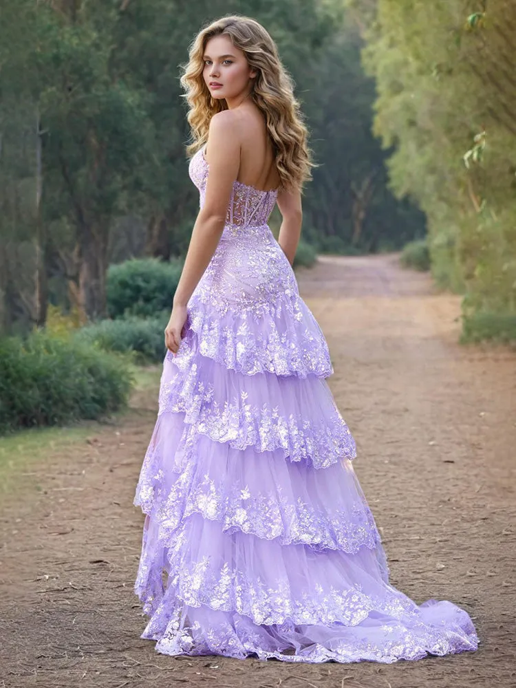 One Shoulder Lilac Sleeveless Long Prom Dress with High Slit