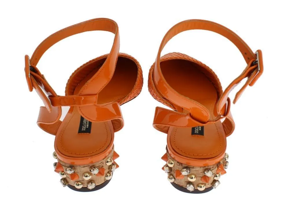 Orange Leather Crystal Block Heel Shoes