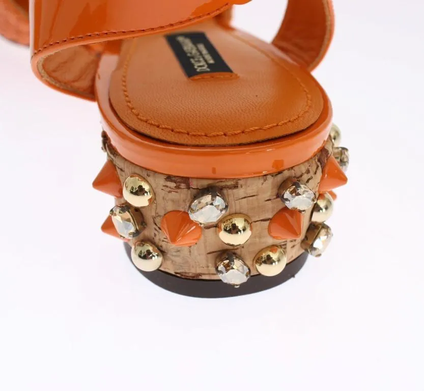 Orange Leather Crystal Block Heel Shoes