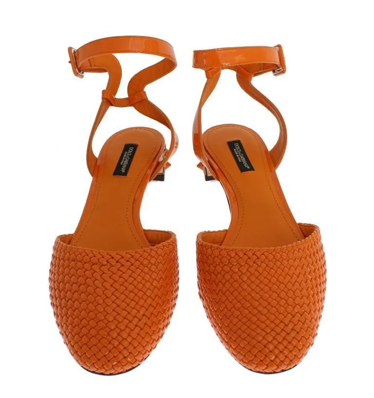 Orange Leather Crystal Block Heel Shoes