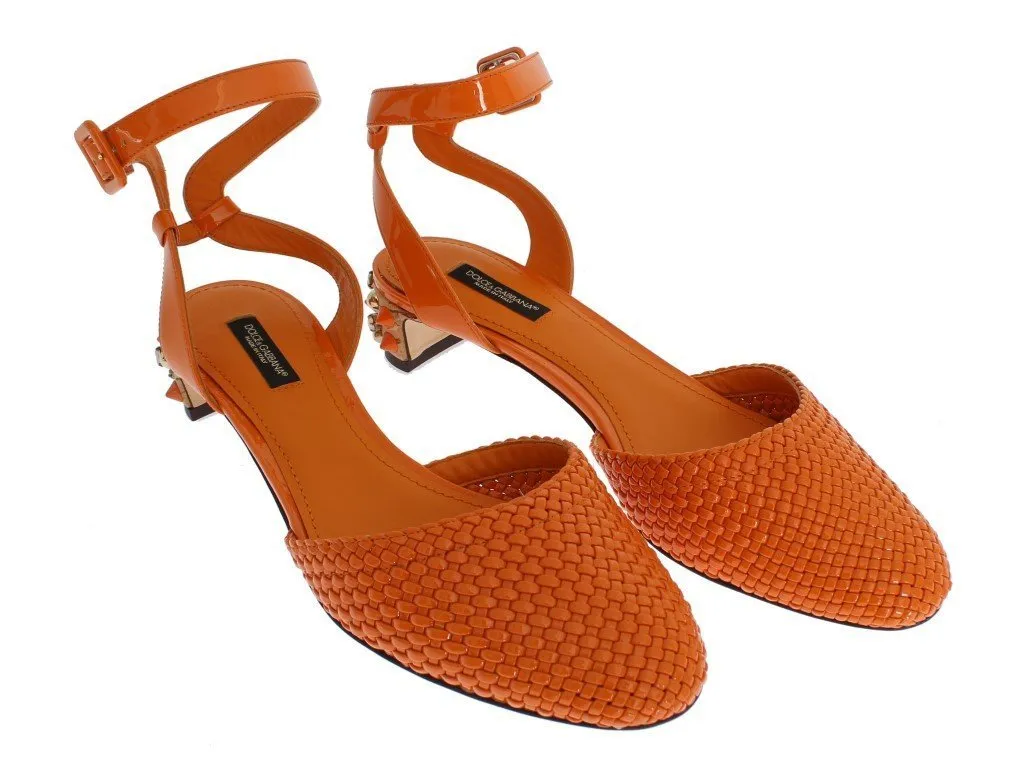 Orange Leather Crystal Block Heel Shoes