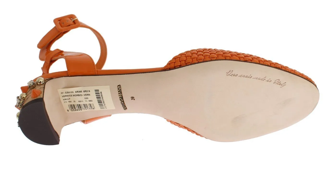 Orange Leather Crystal Block Heel Shoes