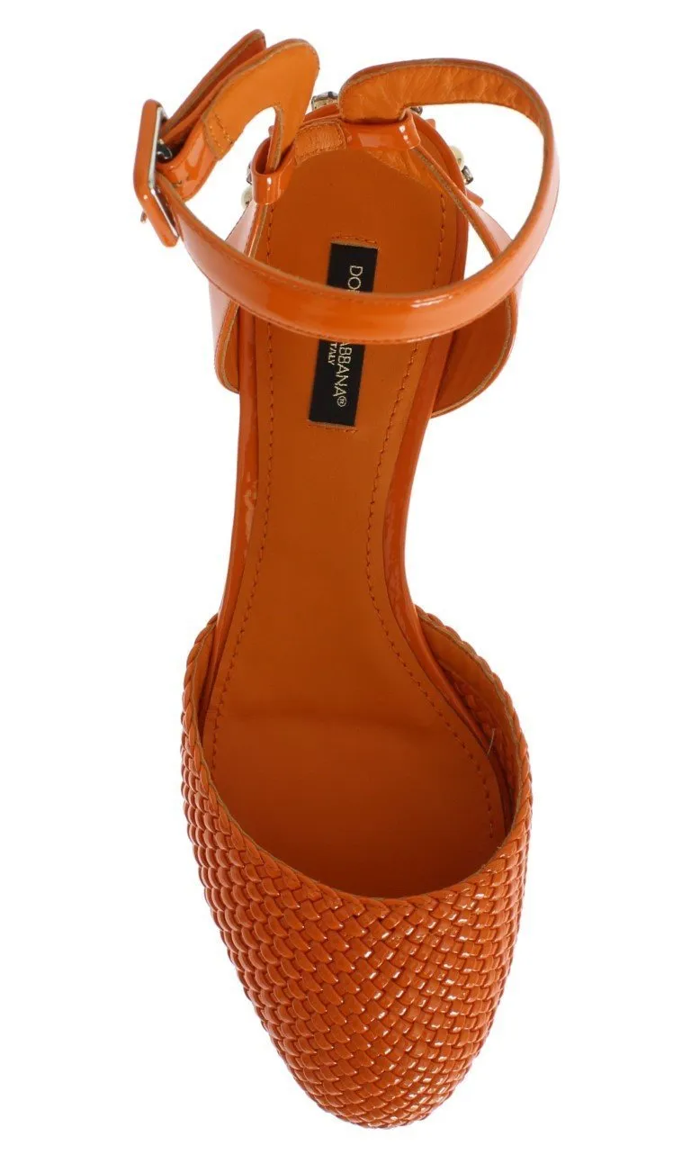 Orange Leather Crystal Block Heel Shoes