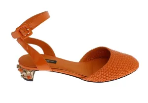 Orange Leather Crystal Block Heel Shoes