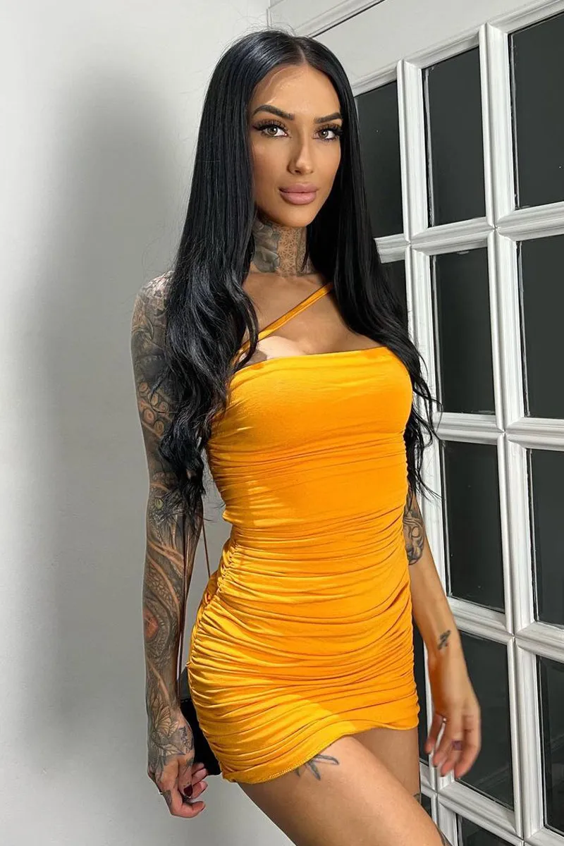 Orange Side Ruched Jersey Mini Dress - Benita