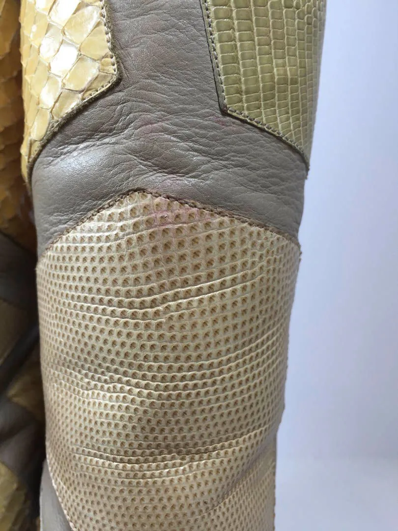 PAUL MAYER Gray and Nude Leather Tall Stiletto Heels with Snakeskin Boots Size 9