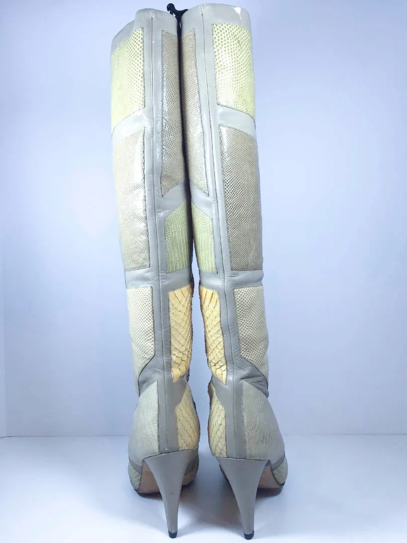 PAUL MAYER Gray and Nude Leather Tall Stiletto Heels with Snakeskin Boots Size 9