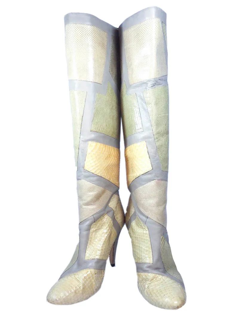 PAUL MAYER Gray and Nude Leather Tall Stiletto Heels with Snakeskin Boots Size 9