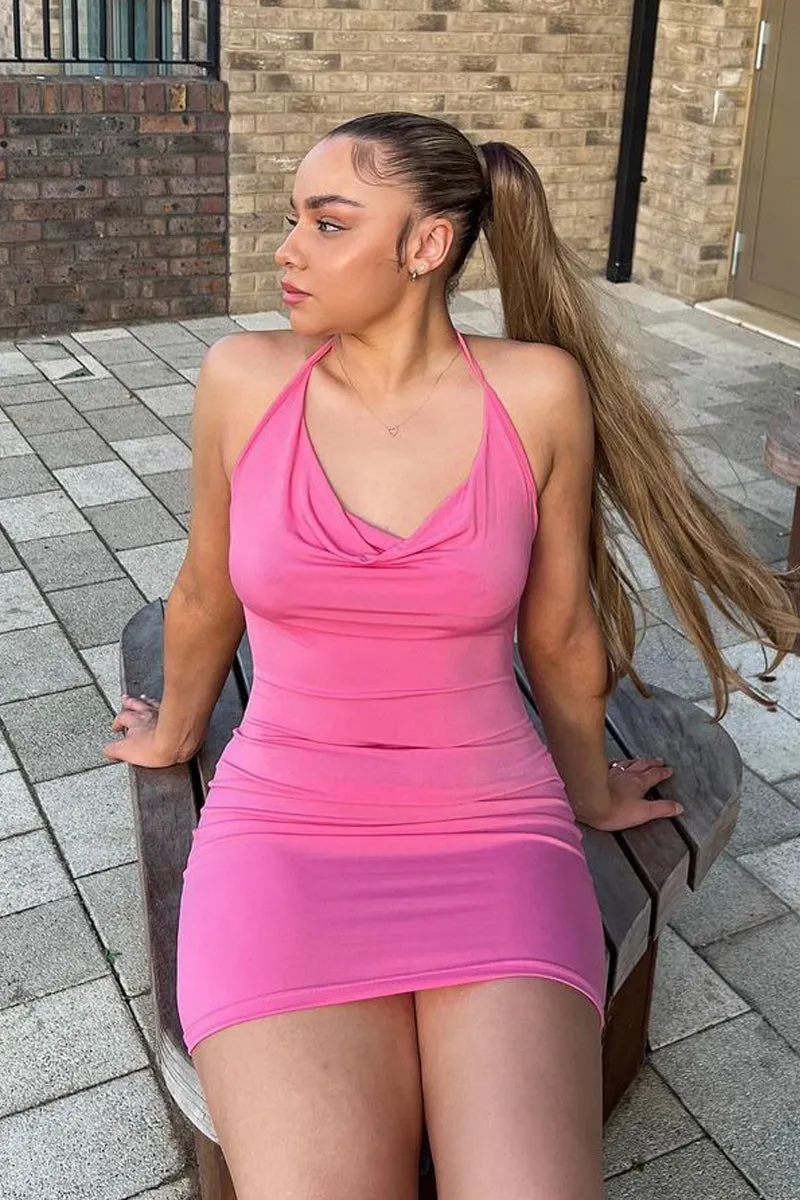 Pink Cowl Neck Slinky Mini Dress - Catalina