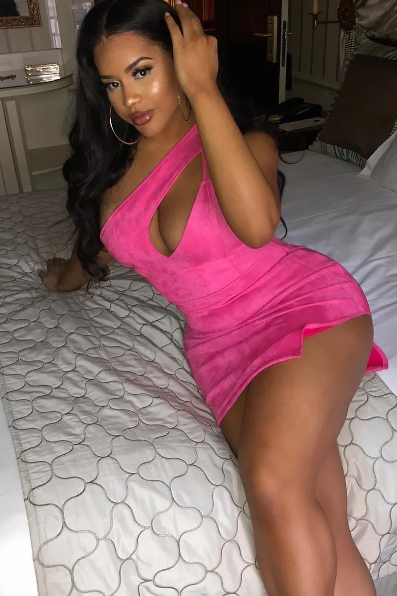 Pink Faux Suede Cut Out One Shoulder Mini Dress - Leihla