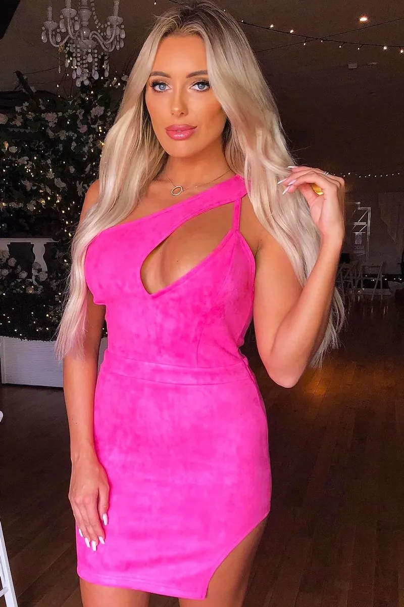 Pink Faux Suede Cut Out One Shoulder Mini Dress - Leihla