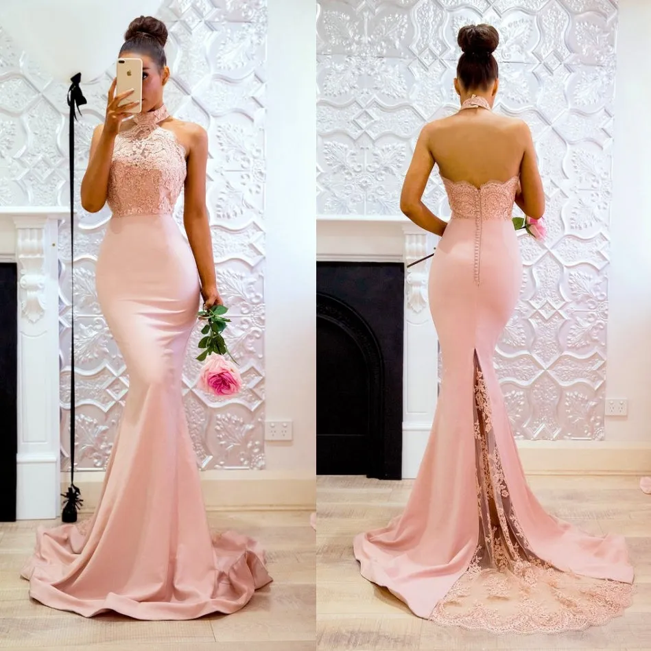 Pink High Neck Lace Mermaid Halter Prom Dresses