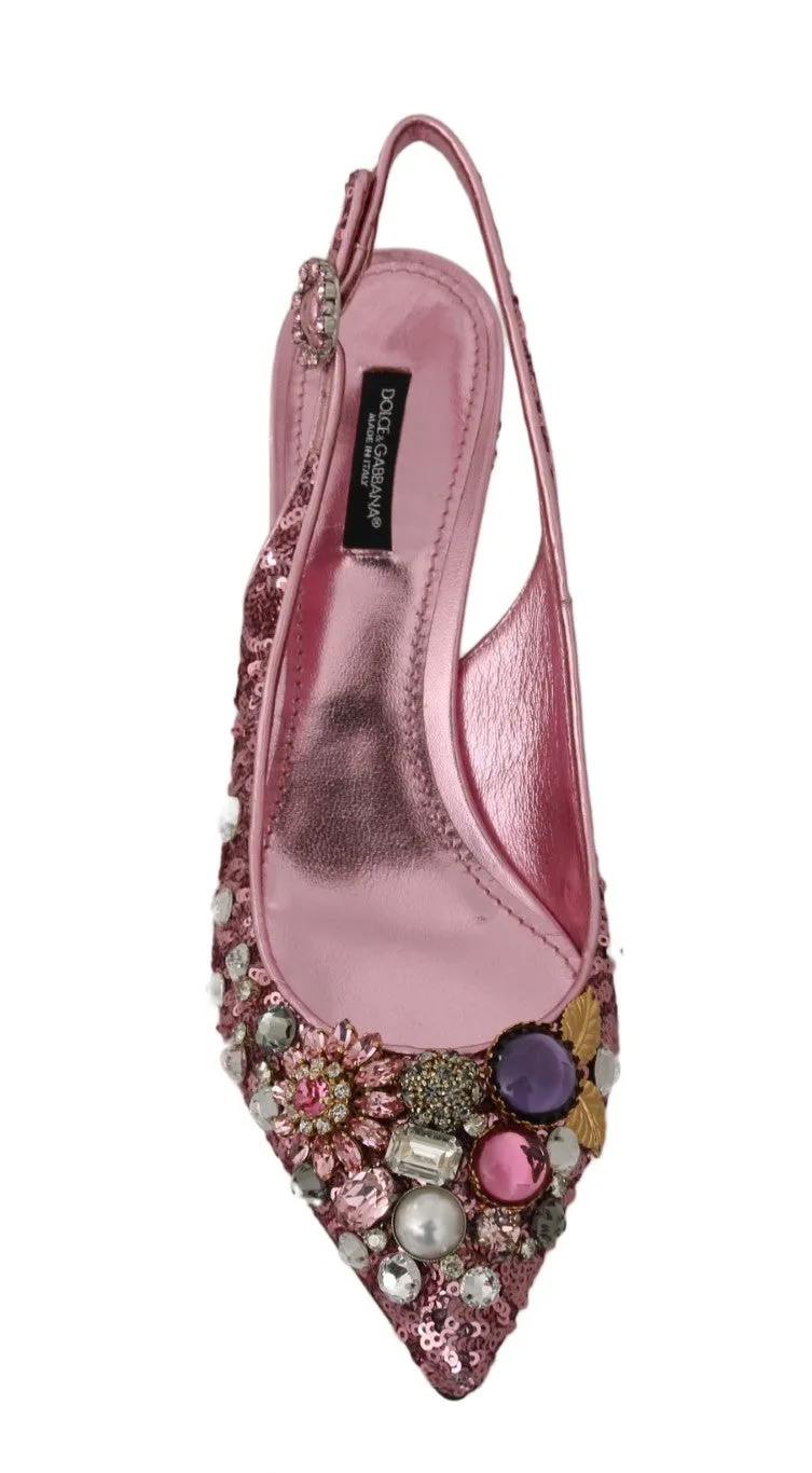 Pink Leather Sequin Crystal Slingback Shoes