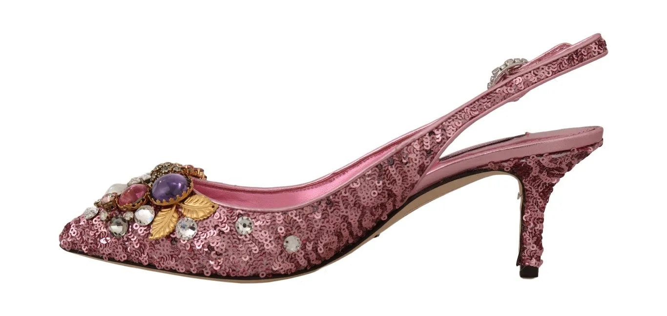Pink Leather Sequin Crystal Slingback Shoes