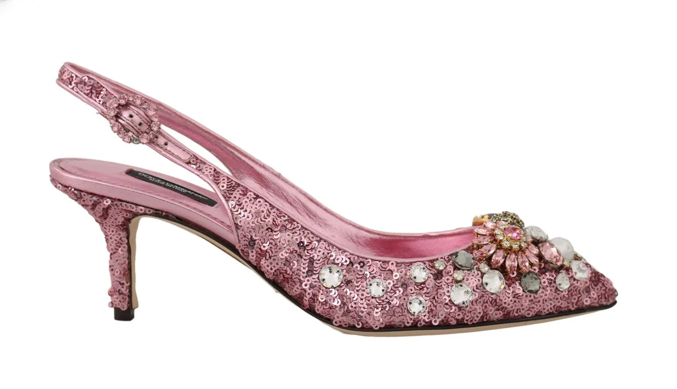 Pink Leather Sequin Crystal Slingback Shoes