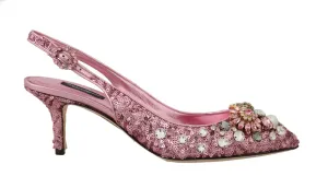 Pink Leather Sequin Crystal Slingback Shoes
