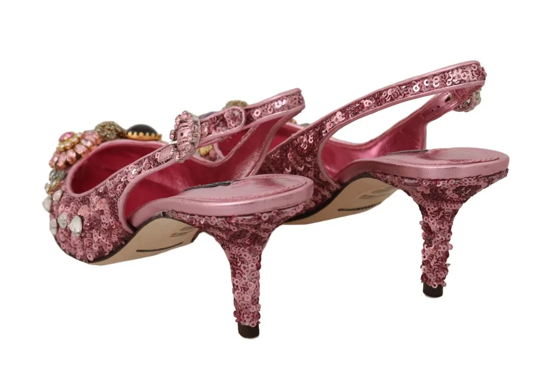 Pink Leather Sequin Crystal Slingback Shoes