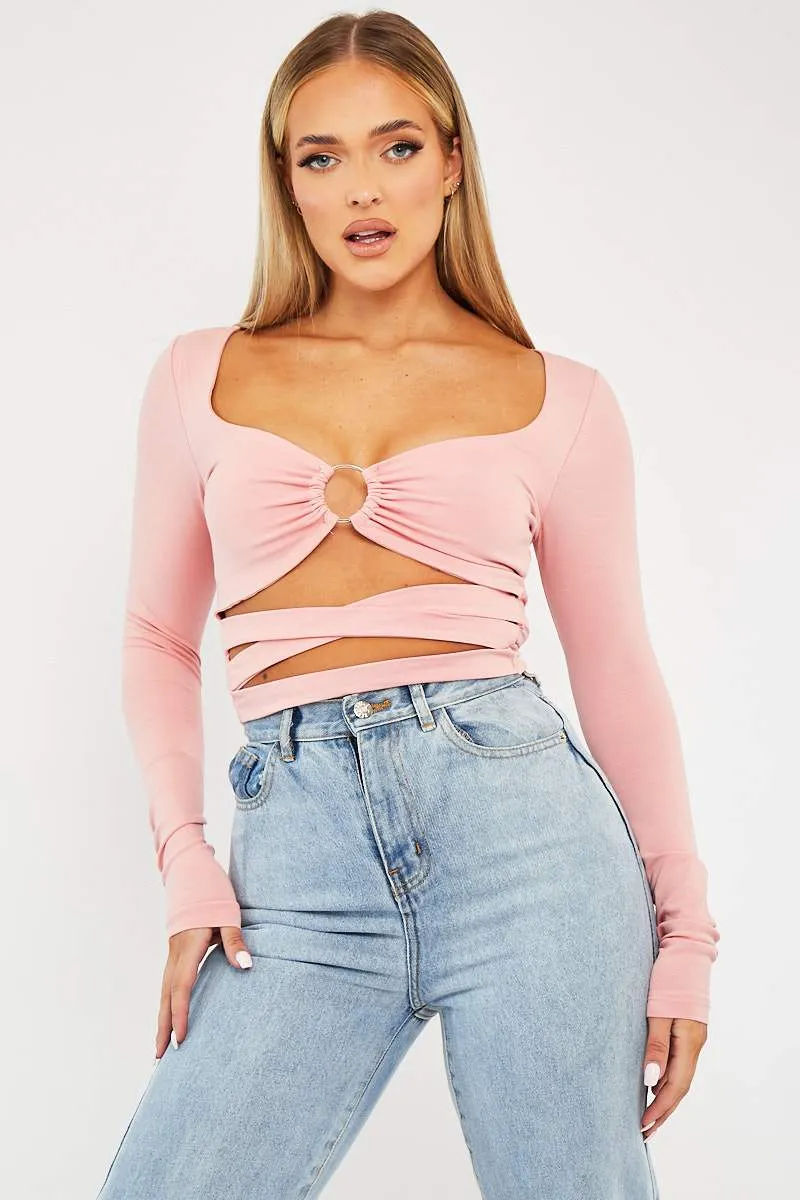 Pink Tie Wrap Front Ring Detail Crop Top - Taylor