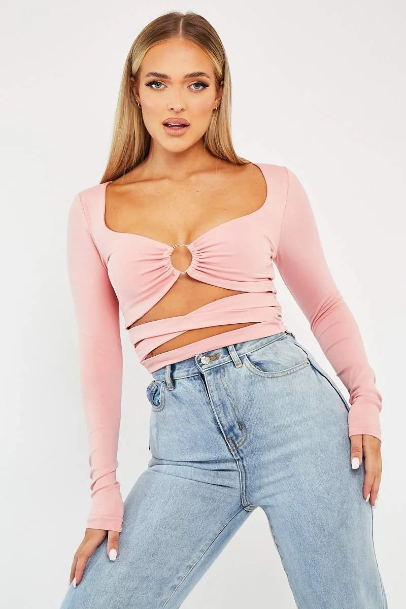Pink Tie Wrap Front Ring Detail Crop Top - Taylor