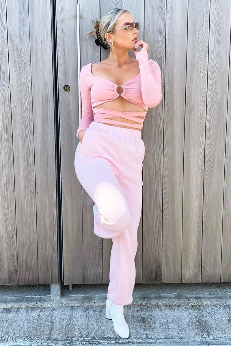 Pink Tie Wrap Front Ring Detail Crop Top - Taylor
