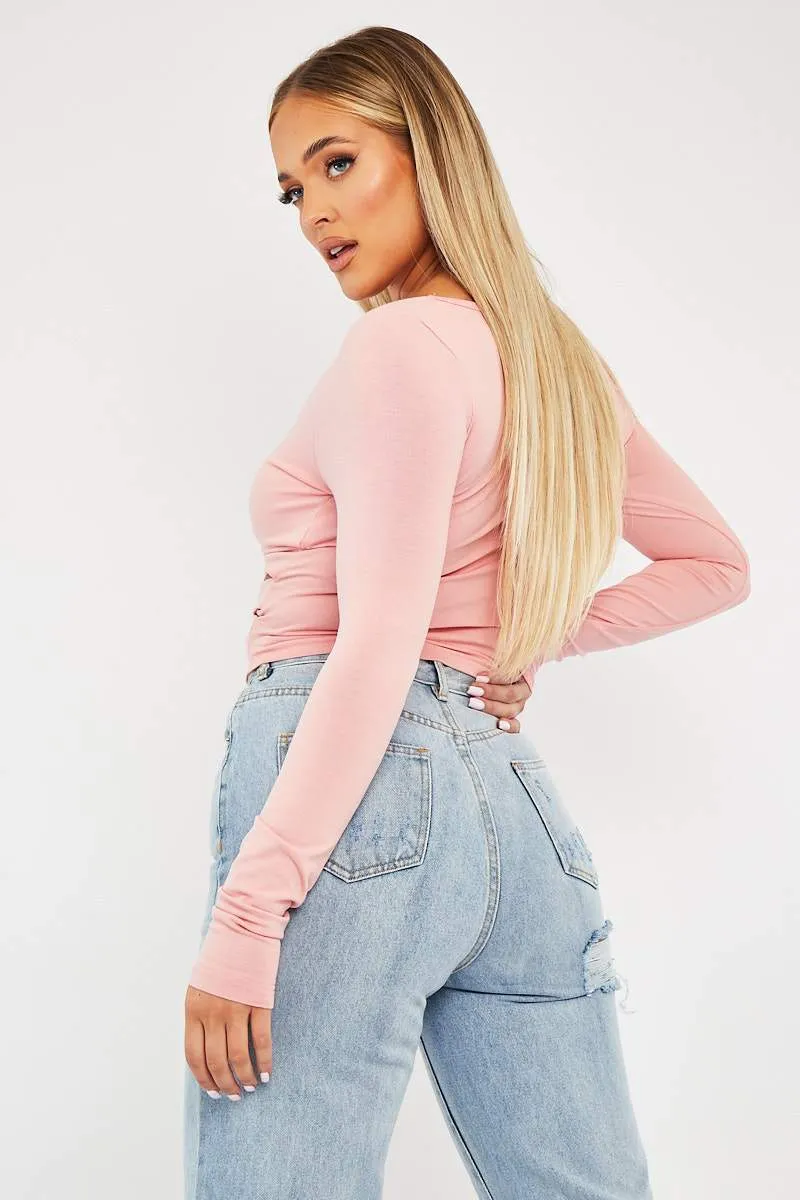Pink Tie Wrap Front Ring Detail Crop Top - Taylor