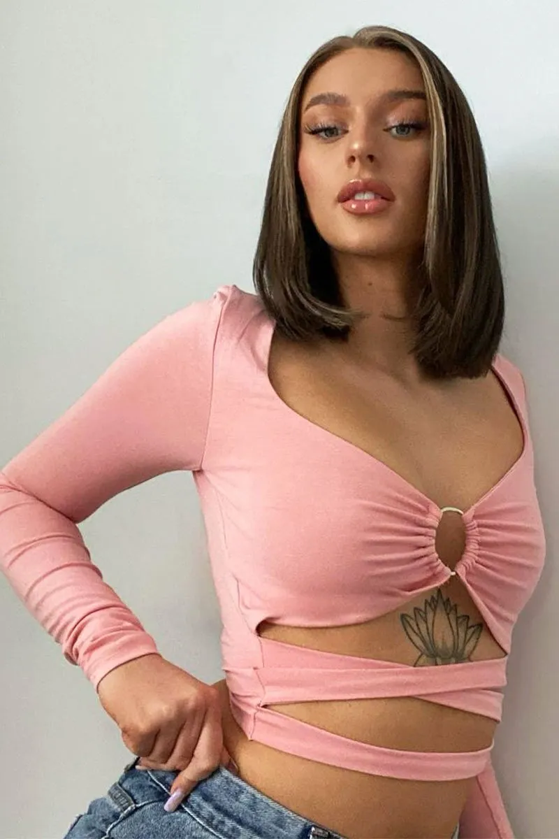 Pink Tie Wrap Front Ring Detail Crop Top - Taylor