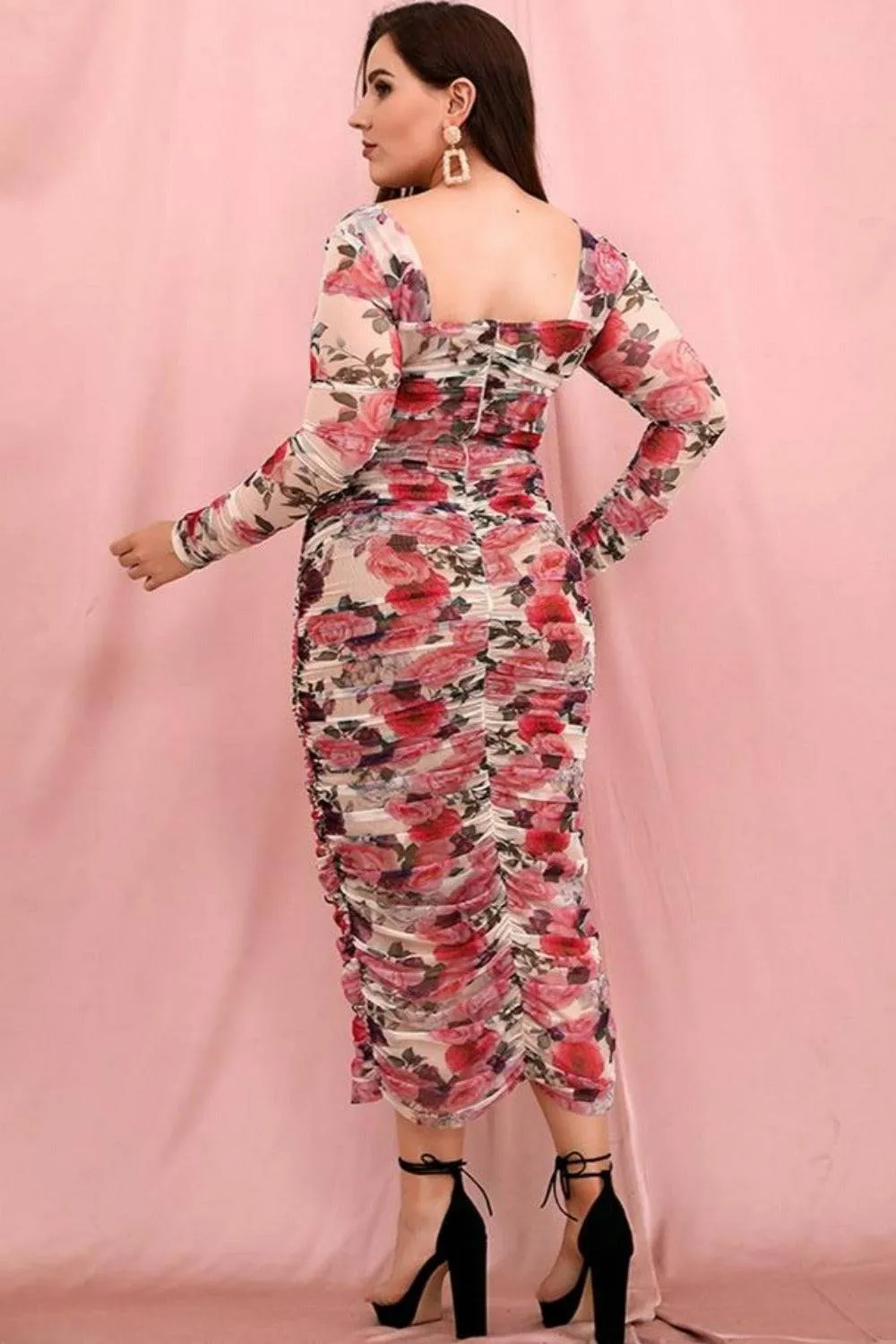 Plus Size Elastic Floral Print Mesh Bodycon Midi Dress