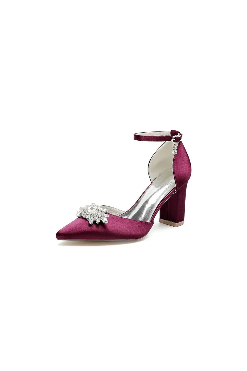 Pointed Toe Ankle Strap Chunky Heel With Rhinestone