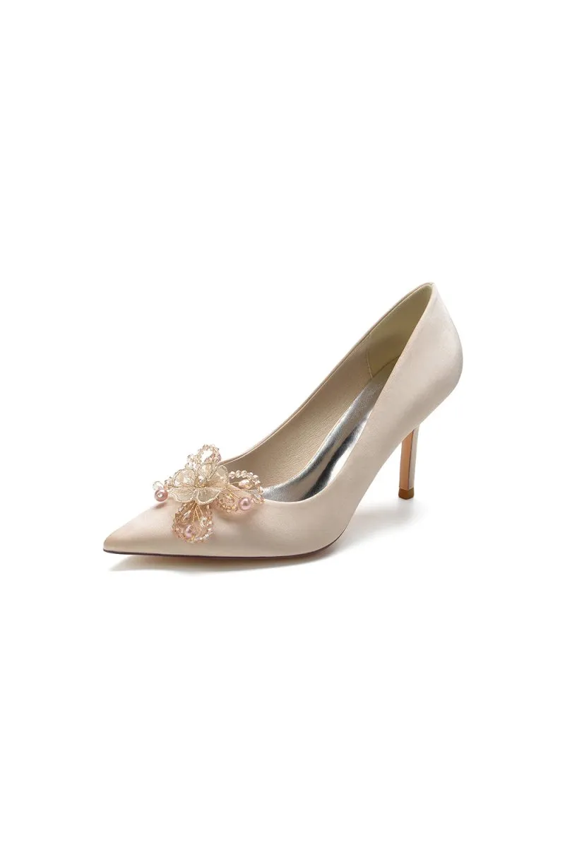 Pointed Toe Crystal & Pearl Flower Heels