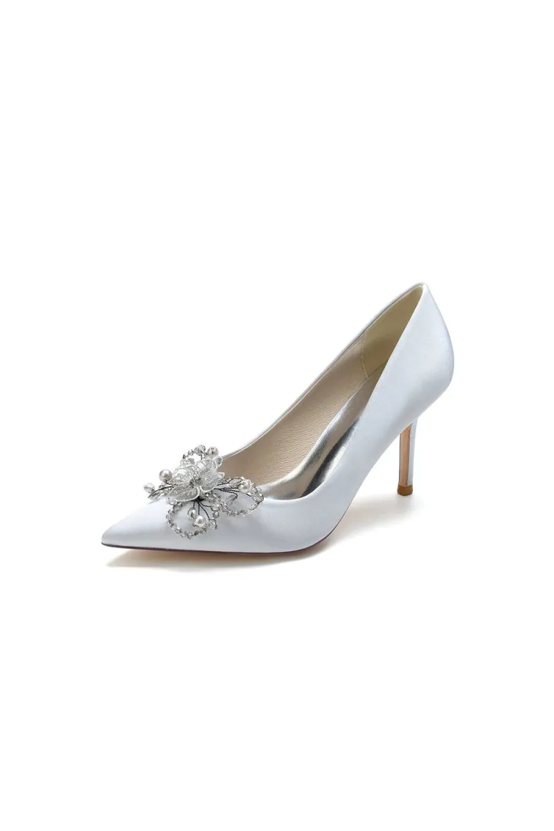 Pointed Toe Crystal & Pearl Flower Heels