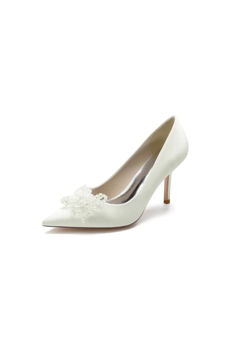Pointed Toe Crystal & Pearl Flower Heels