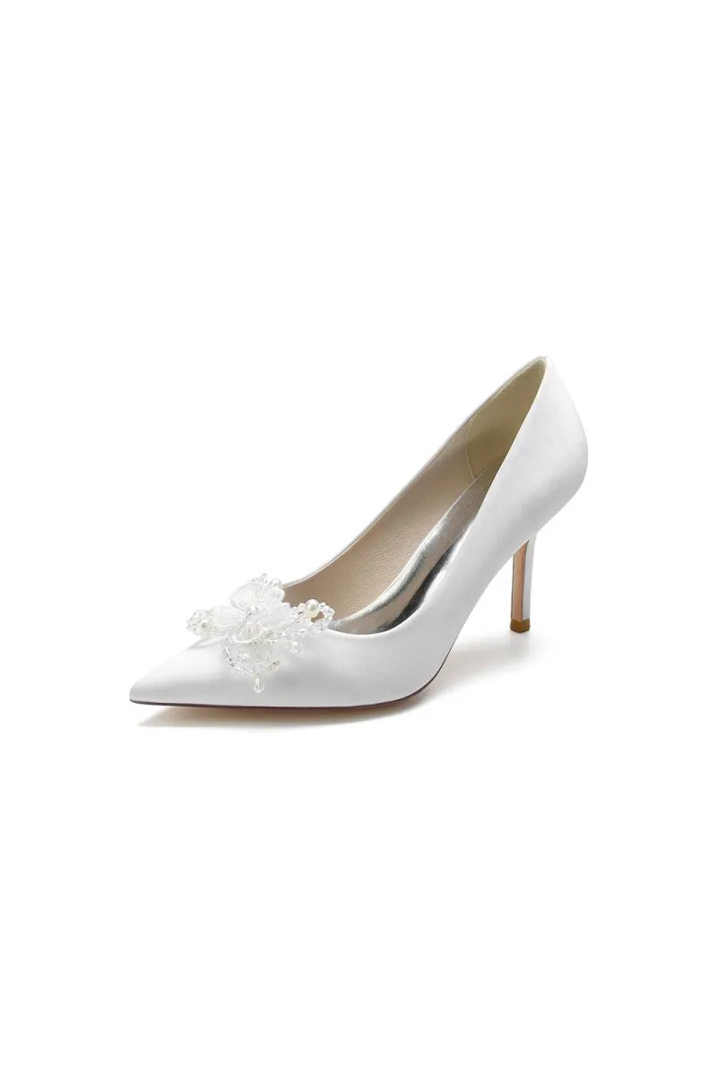 Pointed Toe Crystal & Pearl Flower Heels