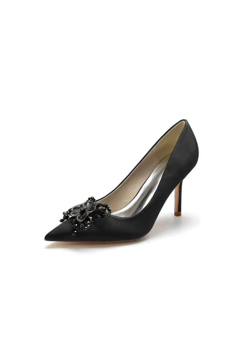Pointed Toe Crystal & Pearl Flower Heels
