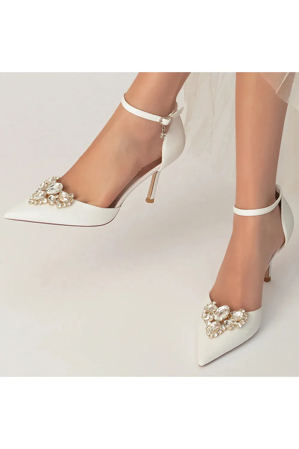 Pointed Toe Glitter Ankle Strap Rhinestone High Heels
