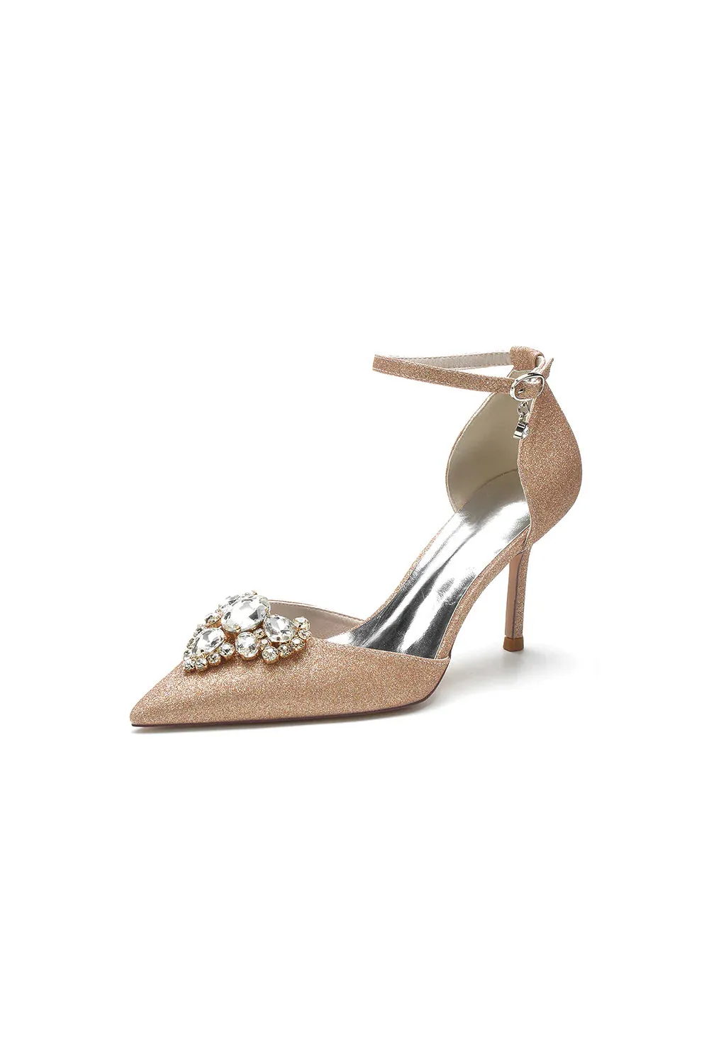 Pointed Toe Glitter Ankle Strap Rhinestone High Heels