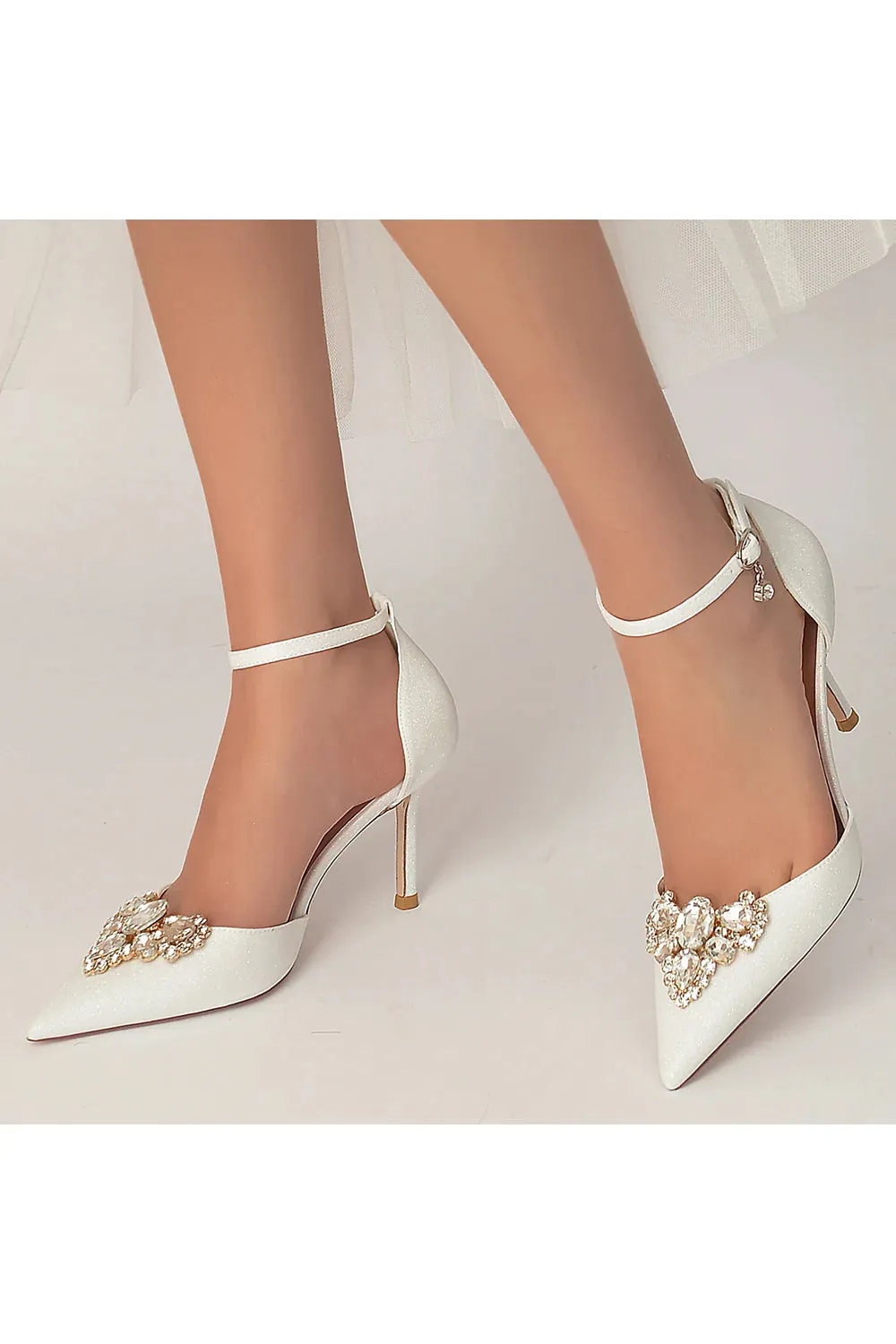 Pointed Toe Glitter Ankle Strap Rhinestone High Heels