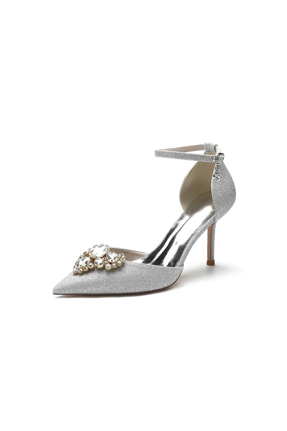 Pointed Toe Glitter Ankle Strap Rhinestone High Heels