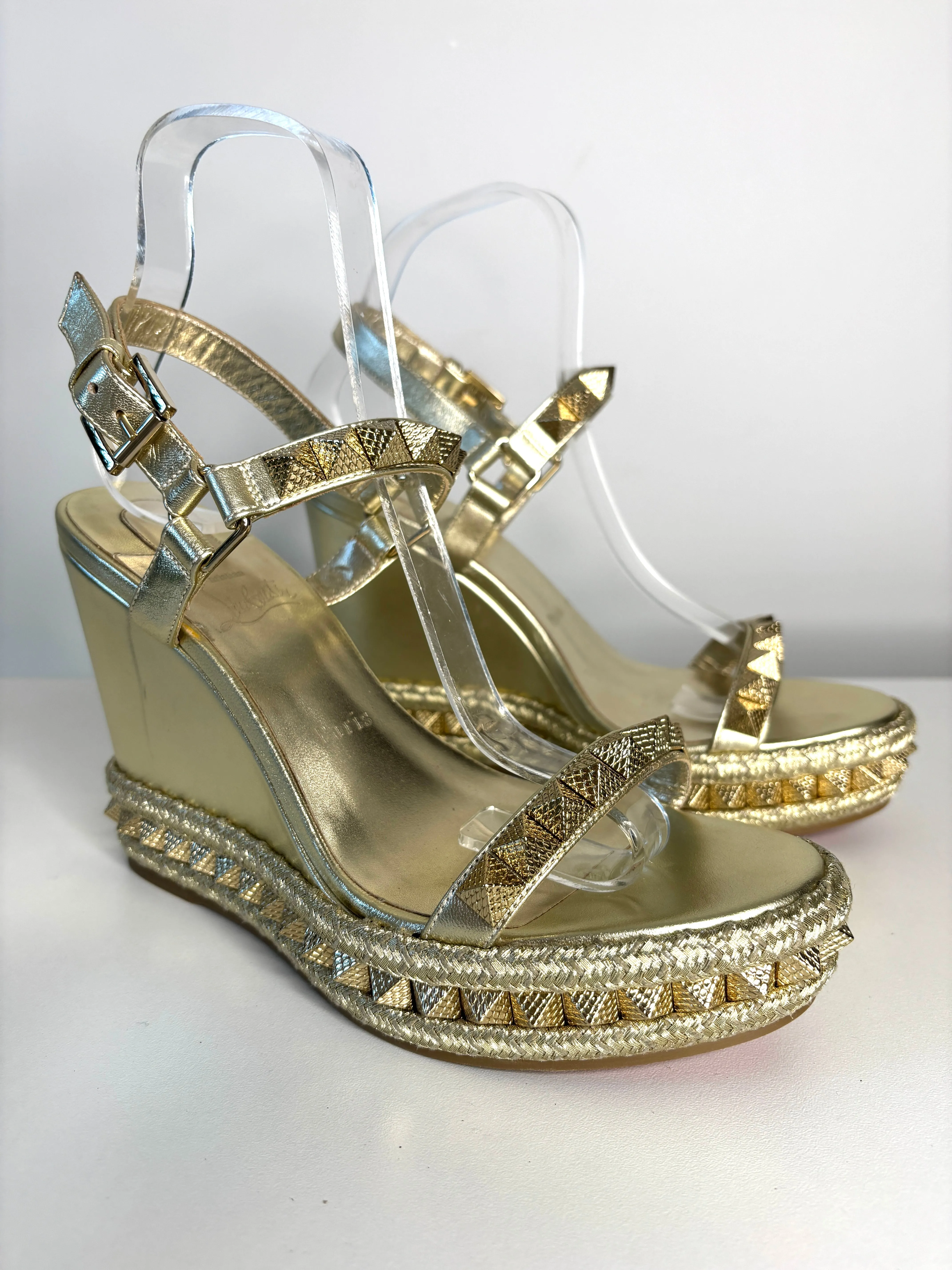 Pre-owned Christian Louboutin Pyraclou Espadrille Gold Leather Studded Wedge Sandals 39 UK6