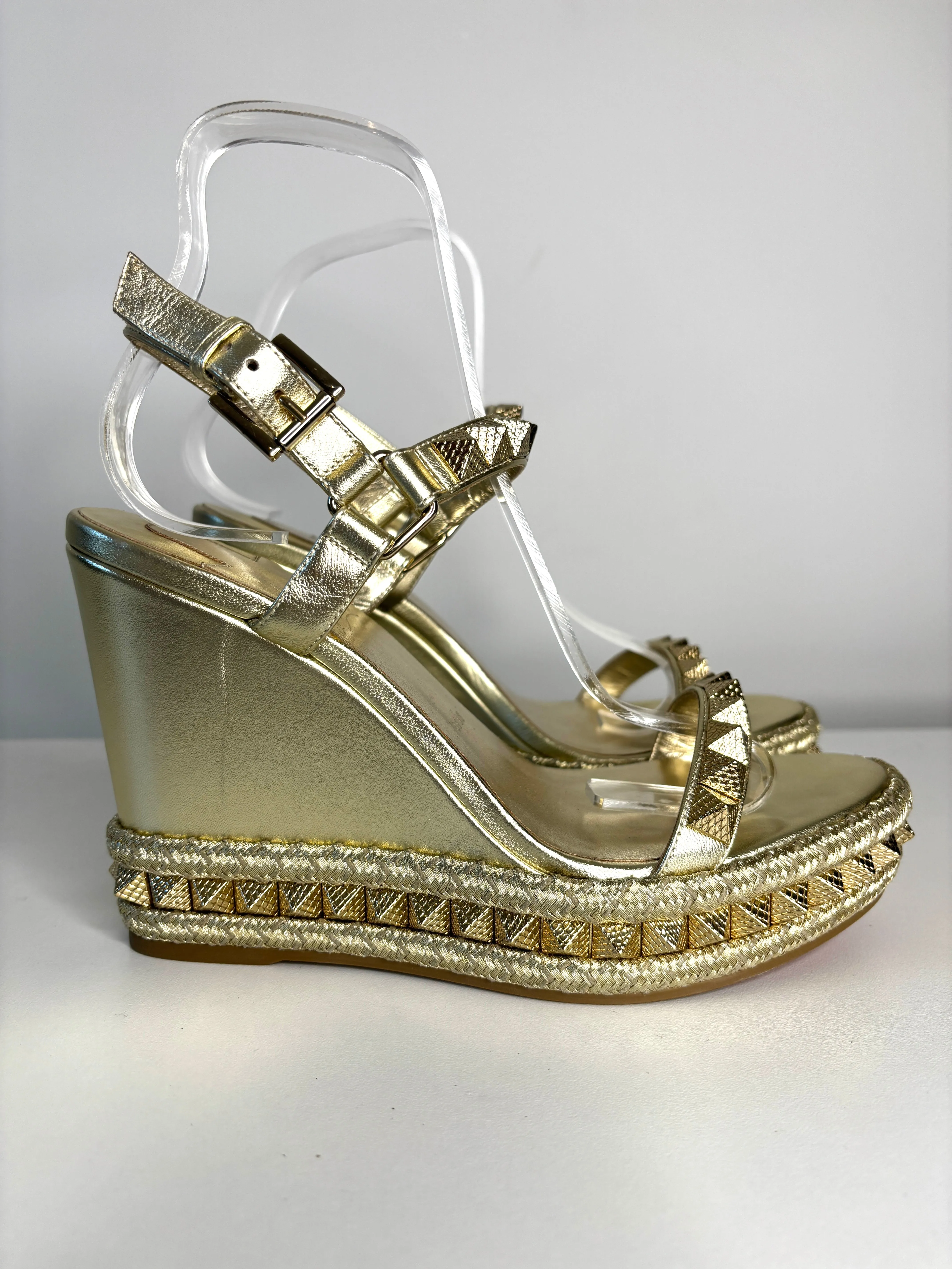 Pre-owned Christian Louboutin Pyraclou Espadrille Gold Leather Studded Wedge Sandals 39 UK6