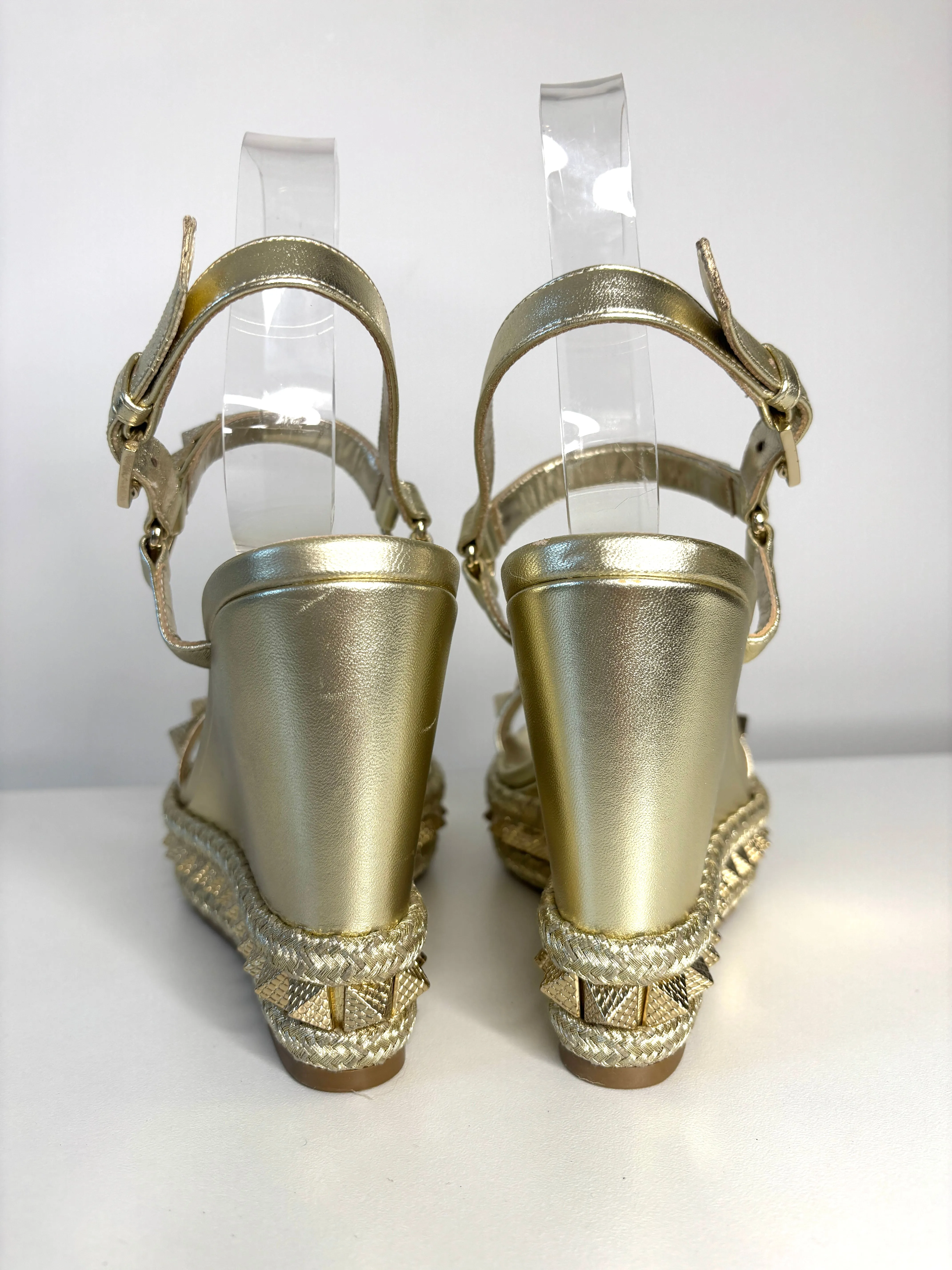 Pre-owned Christian Louboutin Pyraclou Espadrille Gold Leather Studded Wedge Sandals 39 UK6